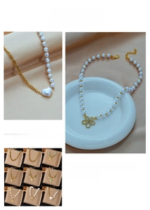 Detailed collage of pearl necklaces with heart and flower pendants for layering