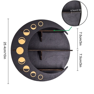 Detailed dimension guide for black wooden boho moon shelf with golden moon phase patterns