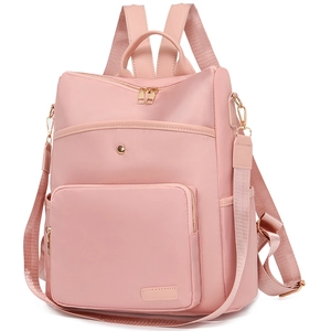 Pink soft texture fashion backpack for women with golden zippers and multi-pocket design