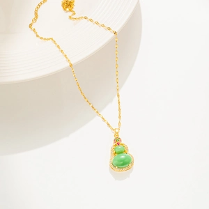 Titanium steel necklace featuring a green jade gourd pendant with inlaid gems
