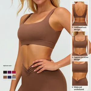 Women's earth-brown yoga set featuring square neck bra and high-waist ruched leggings