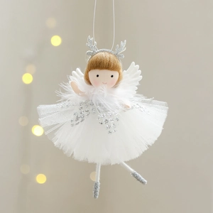 Christmas angel ornament with white tulle skirt, silver antlers and feather details