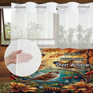 Sheer waffle shower curtain with colorful bird and autumn leaf prints for bathroom privacy