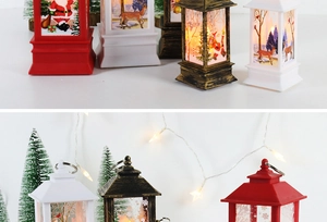 Détail d'une lanterne de Noël avec scène du Père Noël et lueur chaleureuse des LED