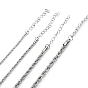 Macro shot of stainless steel rope chains in four thicknesses with lobster clasps
