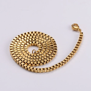 Polished 18k gold plated stainless steel box chain necklace with lobster clasp