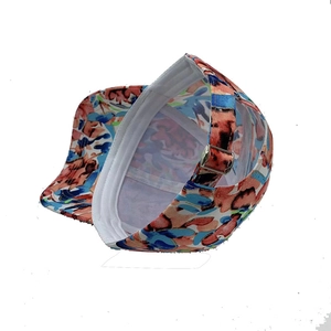 Detailed view of floral baseball cap interior lining and metal adjustable buckle strap