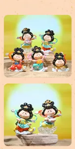 Detail view of 5 traditional Dunhuang fairy art figurines with colorful silk scarves