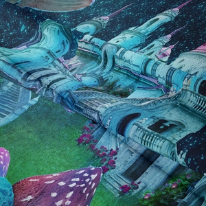 Detailed fabric texture of a bohemian tapestry featuring fantasy mushrooms and castle