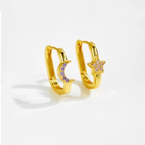 Asymmetric S925 silver star and moon hoop earrings with purple and pink gemstones