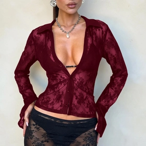 Women Sexy Lace Blouse Sheer V Neck Flare Sleeve Button Down Hollow Out Cropped Shirt Top Streetwear Party Clubwear Elegant