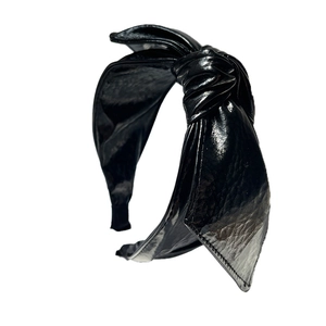 Retro black PU leather wide headband with stylish top knot design for women