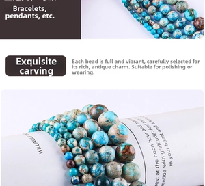 Macro detail of blue Emperor Stone round beads showing natural marble textures for DIY jewelry