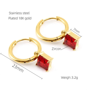 Gold plated stainless steel square earrings featuring red zircon pendants in a geometric style
