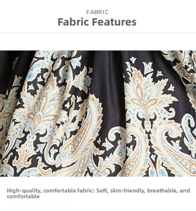 Detailed view of paisley printed fabric texture for V-neck lantern sleeve mini dress