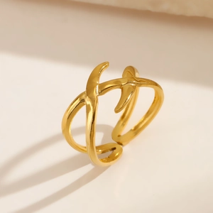 Modern 18K gold plated stainless steel open ring with an abstract intertwined design