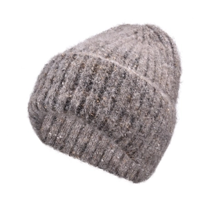 Detail of grey heather knit beanie showing thick ribbed texture and folded cuff design