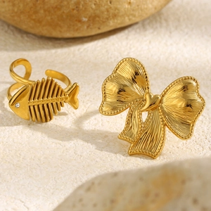 18K Gold Plated Stainless Steel Open Adjustable Rings Minimalist Fishbone Bowknot Fashion Jewelry For Women