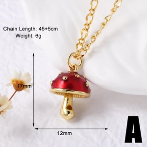 Detail view of red mushroom pendant necklace showing 17mmx12mm dimensions and 45+5cm chain