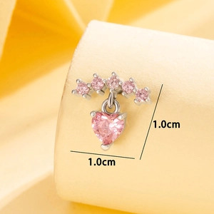 Silver screw-back cartilage earring with pink heart pendant and round cubic zirconia stones