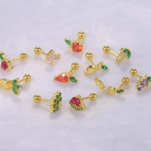 S925 sterling silver fruit stud earrings with colorful cubic zirconia in gold plating