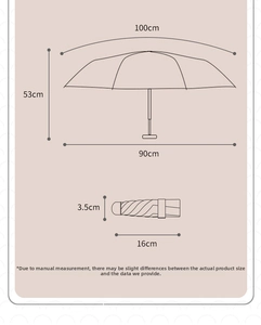 Detailed size chart showing 16cm folded length and 90cm diameter for the compact flat umbrella