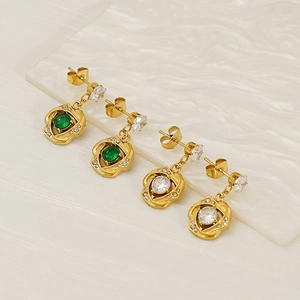 Golden stainless steel stud earrings set with emerald and white zircon gemstones
