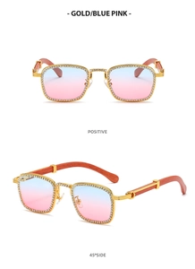 Close-up of golden square sunglasses with rhinestone inlays and wood grain temples