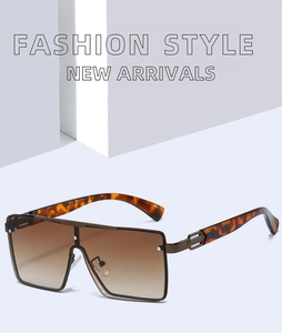 Macro view of gradient tawny lenses and tortoiseshell temples on square sunglasses