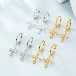 S925 sterling silver hoop earrings with micro-paved zircon cross pendants in gold and silver