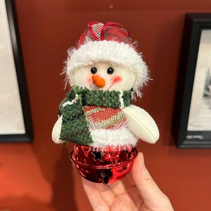 Christmas snowman plush hanger with red metal bell for holiday home decoration