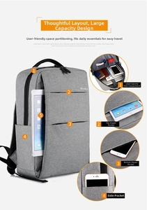 Detailed internal compartments and side pockets of a grey business laptop backpack