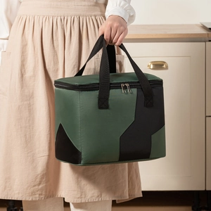 Insulated large capacity lunch bag in dark green with dual handles and zippers
