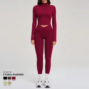 Women's burgundy 3-piece fitness set with zip-up jacket and V-waist yoga leggings