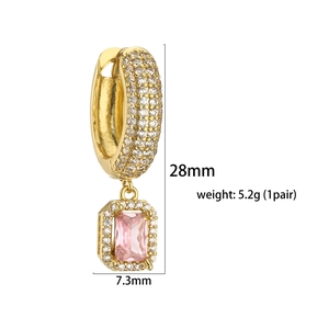 Detail view of 18K gold sugar cube earrings with pink rectangle stones and white zircon