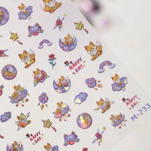 Iridescent cartoon fox nail art stickers with rainbow and star designs, model M-233