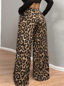 Pantaloni a gamba larga da donna con stampa leopardata, vestibilità comoda e lacci