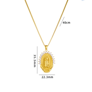 Gold Virgin Mary oval pendant necklace with white cubic zirconia accents and cable chain