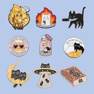 Set of 9 colorful cartoon cat enamel pins featuring fun internet memes and creative designs