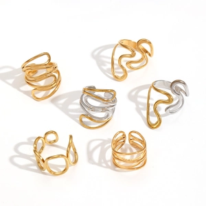 6-piece geometric stainless steel ring set with wavy and irregular gold and silver bands