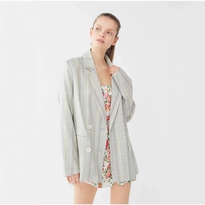 Women Plaid Blazer Jacket Suit Collar Double Breasted Long Sleeve Loose Fit Casual Commuter Style Polyester Outwear