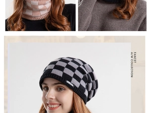 Close-up of the thick knitted checkerboard pattern and soft lining on the winter hat