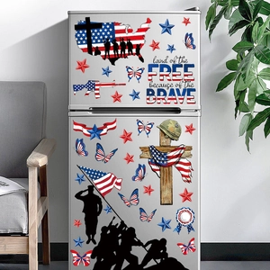 Independence Day patriotic window stickers featuring American flag map and soldier silhouettes