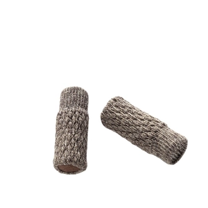 Knitted chair leg floor protectors with thick felt pads in mottled brown-grey fabric