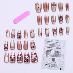 Pink gradient cat-eye press-on nails set with fireworks and cartoon bear design