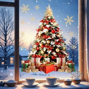Close-up of Christmas tree window decals featuring colorful ornaments and gift boxes