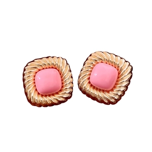 Vintage gold twisted textured square stud earrings with pink resin inlay for women