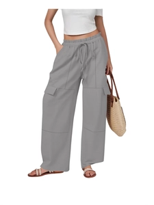 Women's loose cotton linen cargo pants in grey with drawstring waist and wide leg design