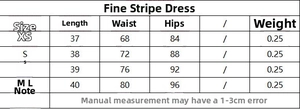 Size chart for pinstripe wool blend skirt showing length, waist, and hip measurements