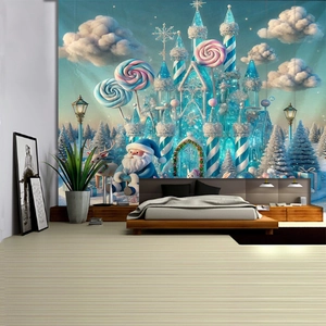 Detailed view of a 2025 Christmas tapestry featuring a dreamy blue ice castle and reindeer